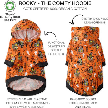 Rocky – The Orginal Lightweight Hooded TEE 100% Organic Cotton Dog Hoodie Pet Coat Sweater for Small, Medium, Large Dogs, Spooky, XX-Small