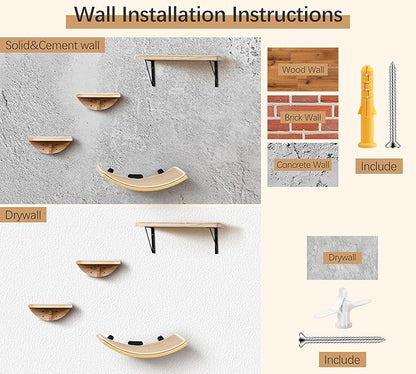Cat Wall Shelf & Window Perch Combo, Wood Cats Wall Furniture with Soft Foam Curved Bed and Felt-Padded Steps, 4-Piece Floating Cat Climbing System