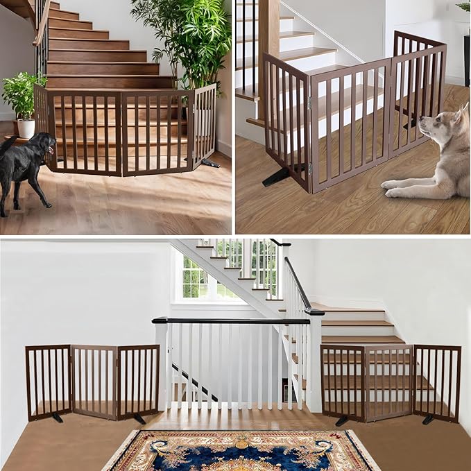 ZJSF Freestanding Indoor Dog Gate for House Foldable Wood Puppy Gate for Doorways Pet Gate for Stairs Extra Wide Pet Fence, Brown, 24" Height 6 Panels