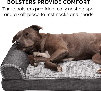 Furhaven Cooling Gel Dog Bed for Large/Medium Dogs w/ Removable Bolsters & Washable Cover, For Dogs Up to 55 lbs - Luxe Faux Fur & Performance Linen Sofa - Charcoal, Large