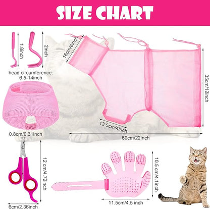 Patelai 5 Pcs Cat Bathing Bag Set Cat Grooming Bag Adjustable Pet Shower Net Muzzles Nail Clipper Tick Remover Tool Massage Brush(Pink)