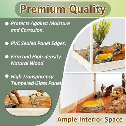 PROLEE Tempered Glass Bearded Dragon Tank,63 Gallon Reptile Tank with Meatl Mesh Roof and Front Sliding Door, Anti-Scratch Lizard Tank,Spacious Reptile Enclosure for Snakes,Lguanas, Chameleons (Oak)