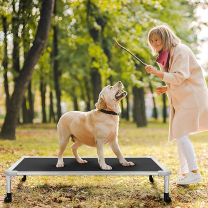 Veehoo Chew Proof Elevated Dog Bed - Cooling Raised Pet Cot - Silver Aluminum Frame and Durable Textilene Mesh Fabric, Unique Designed No-Slip Feet for Indoor or Outdoor Use, Black, 42"x 31"