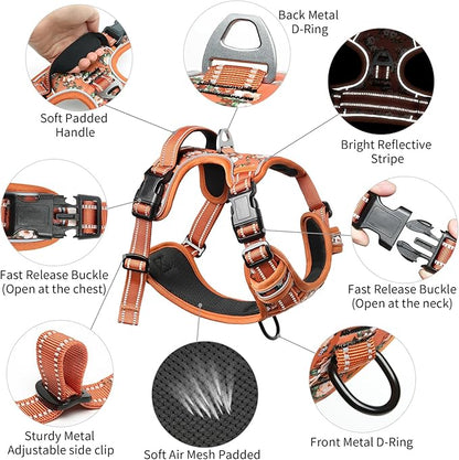 Timos Dog Harness, No Pull Dogs Harness 3 Snap Buckles Adjustable Reflective No Choke Pet Vest for Small Dog with Soft Padded Control Training Handle for Outdoor Training,Flower Orange, XS