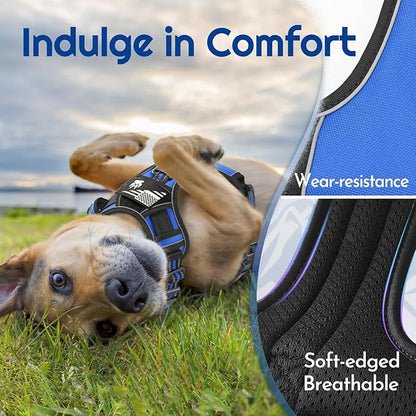 Eagloo Dog Harness for Large Dogs, Easy Wearing with 3 Buckles, Adjustable No Pull Pet Harness with 2 Rings for Walking, No Chock Reflective Soft Padded Vest with Control Handle, Blue & Black, L