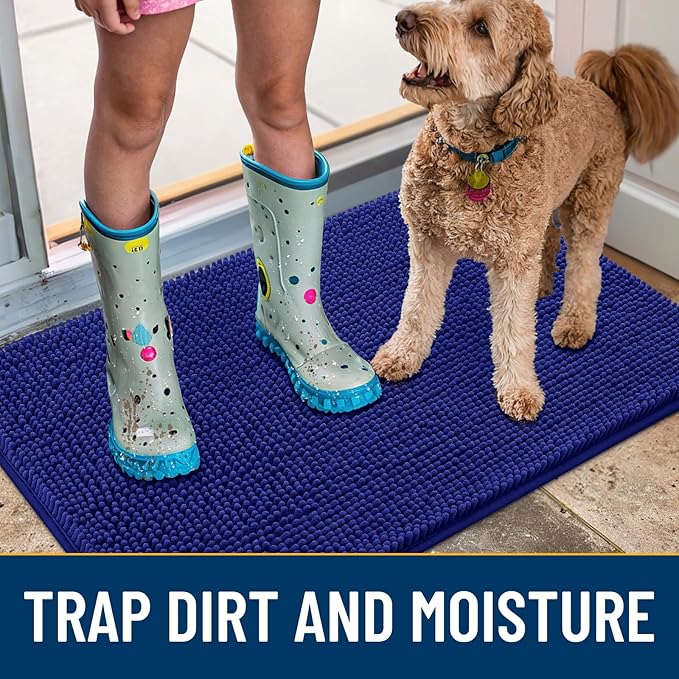 Smiry Dog Door Mat for Muddy Paws 70x24, Absorbs Moisture and Dirt Doormat, Non-Slip Washable Quick Dry Chenille Front Door Mat Indoor Entrance, Entryway Carpet for Inside Floor, Navy Blue