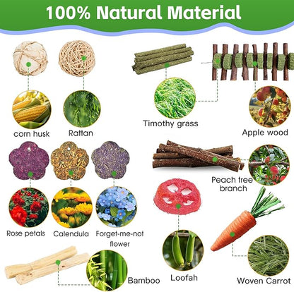 WDEFUN 21-Piece Natural Small Pet Chew Toys Set for Rabbits, Hamsters & Organic Grass Mat, Hay Sticks, Loofah Slices, Wooden Chews & More for Dental Health & Boredom Relief