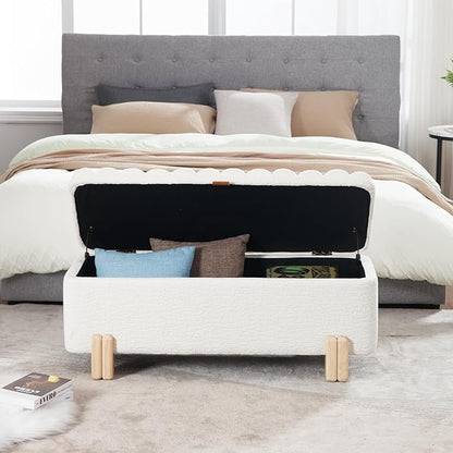 Wavy Ottoman Storage Bench Multi-Functional Narrow Entryway Bench Elegant End of Bed Bench with Storage and Safty Hinge for Living Room Entryway Hallway Bedroom Boutique, White