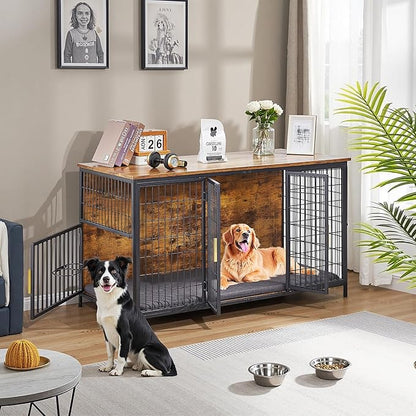 VECELO Dog Crate Furniture for Medium/Large Dogs, Wooden Dog Cage with Cushion, Double Door, Dog Kennel End Table, Brown