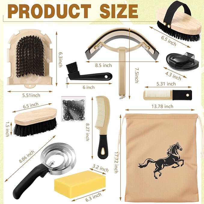 Abbylike 12 Pieces Horse Grooming Kit Racing Festival Tack Room Supplies Horse Brush Sets Equine Care Cleaning Kit Shedding Grooming Massaging Tools(Black)