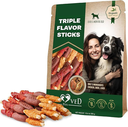 Dog Treats Rawhide Sticks Wrapped with Chicken 11 oz Pet Natural Chew Treats - Grain Free Meat & Human Grade Dried Snacks - Best for Small & Large Dogs (10.6 Ounce (Pack of 1), Triple Sticks)