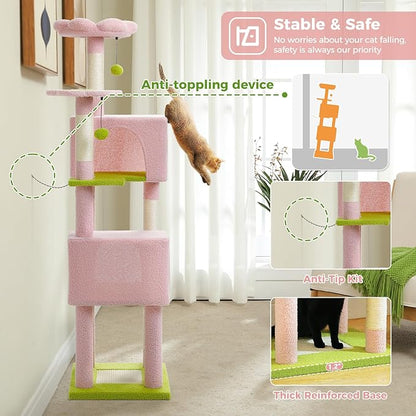 Flower Cat Tree, 62-Inch Tall Multi-Level Cat Tower with Scratching Posts for Large Indoor Cats, Plush Bed w/Padded Perches, Scratching Pad & 2 Green Pompoms, Pink