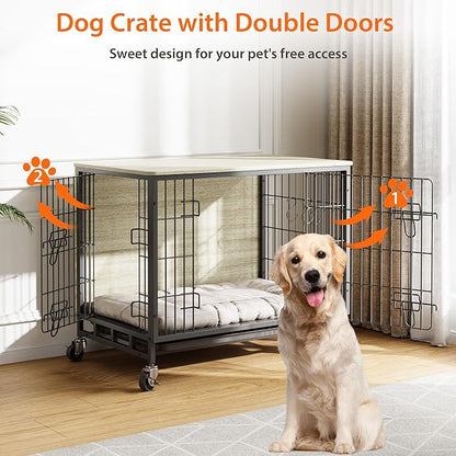 Dog Crate Furniture, 27.2" Small Dog Kennel Wooden Dog Crate with Pull-Out Tray, Double Doors, Modern End Table for Small/Medium Dogs, Rustic Brown