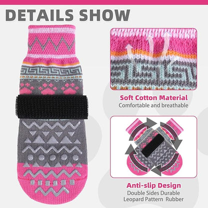 KOOLTAIL Dog Socks to Prevent Licking Paws for Hardwood Floors Anti Slip, Winter Warm Pet Boots&Paw Protector with Grippers, Double Sides Dog Shoes Booties for Small Medium Large Senior Dogs Pink M