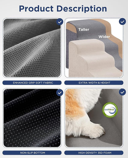Beige Curved Dog Stairs Ramp for Small Dogs & Cats 17" H, 3-Step Dog Steps for Couch Sofa and Chair, Pet Stairs for Cats, Non-Slip Balanced Pet Steps