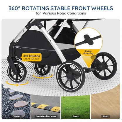 T5 Luxury Pet Stroller for Medium Dog Under 60lbs or 2 Small Dogs & Cats with 180 ̊Canopy, Sun Shades, Auto-Folding Stroller for Multiple Pets（Beige）