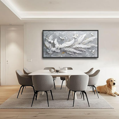 Quorin Feather Dove Bird Large Wall Art White Gray Holy Wings Pictures Peaceful Birds Flying Wall Decor Canvas Print Painting Artwork for Bathroom Living Room Bedroom 60L x 30W