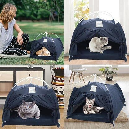 Cat Tent Bed,Cats Cave House Portable for Indoor with Removable Non-Slip Soft Pad Foldable Cat Tents Hut Washable Pet House Bed Outdoor for Kitty Puppy Small Pets 15.7x15.7x16.1 in (Navy Blue)