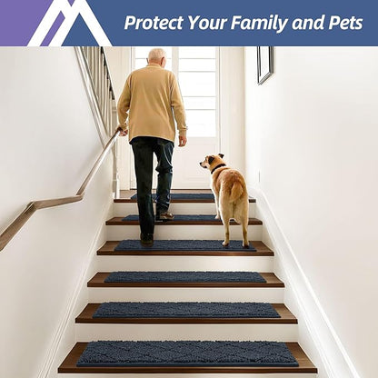 COSY HOMEER Edging Stair Treads Non-Slip Carpet Mat 28inX9in Indoor Stair Runners for Wooden Steps, Edging Stair Rugs for Kids and Dogs, 100% Polyester TPE Backing (7pc, Navy)