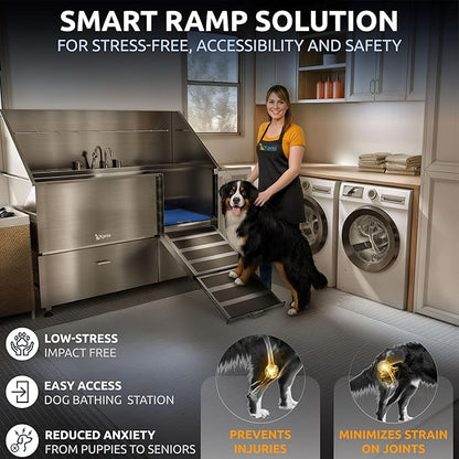 KANIS Professional Dog Washing Station - 304 Stainless Steel Pet Wash Sink & Grooming Bath Tub for Home with Ramp, Shower, Floor Grate, Storage Drawers, and Faucet for Large, Medium & Small Pets