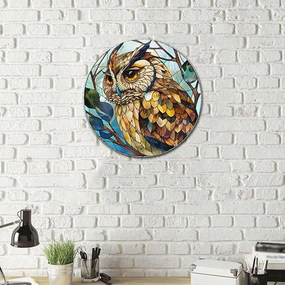 Lygond Metal Sign Tin Sign Circular Stained Glass Owl Vintage Metal Sign for Pet 8×8 Inches