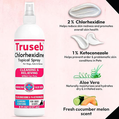 Truseb Topical Ketoconazole and Chlorhexidine Spray for Dogs, Cats, and Horses with Aloe - 8 oz (Ketoconazole & Chlorhexidine Spray, 8 oz)