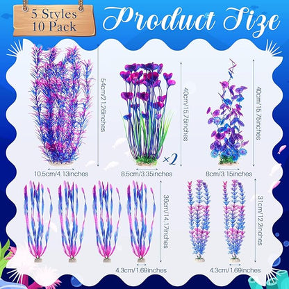 10 Pcs Large Aquarium Artificial Plants Decorations, Tall Plastic Fish Tank Plant Decorations for Household and Office Aquarium(Purple)
