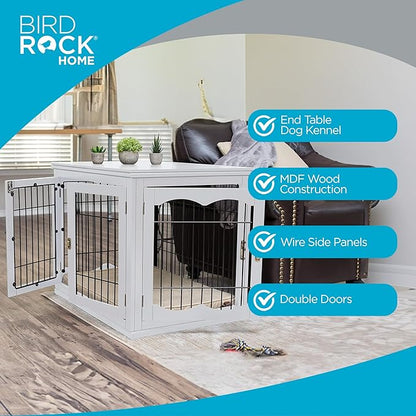 INTERNET'S BEST Decorative Dog Kennel with Pet Bed, Small Pet House, Double Door Indoor Crate, Engineered Wood & Wire Furniture, Side Table & Nightstand, Fits Small Dogs - White
