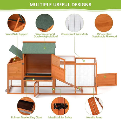 COZIWOW 82" Large Wooden Chicken Coop, Outdoor Rabbit Hutch with Wheels, Sunshine Board, Asphalt Roof, Ramp, Openable Top, Door, Window, Pull-Out Tray, Indoor Bunny Cage (Orange with Pattern)