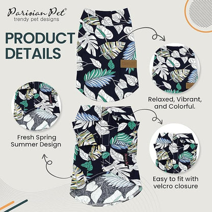 Parisian Pet Palm Leaves Dog Shirt - 100%Cotton Summer Clothes - Stylish Beach Outfit - Hook and Loop Closure - Machine Washable - 2XL