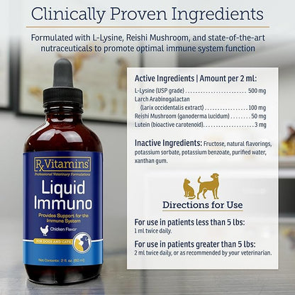 Rx Vitamins Liquid Immuno - with L-Lysine for Cats and Dog Health - Reishi Mushroom Supplement for Dogs & Cat Immune Support - Vitamins for Dogs and Dog Eye Supplements with Lutein - Chicken (2oz)