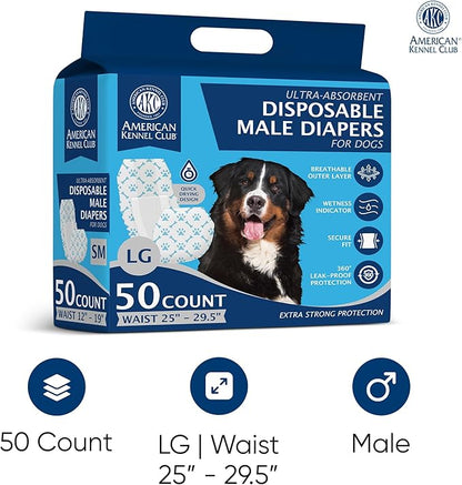 American Kennel Club Male Dog Wrap, Disposable Diapers with Wetness Indicator, Large, 50 Count