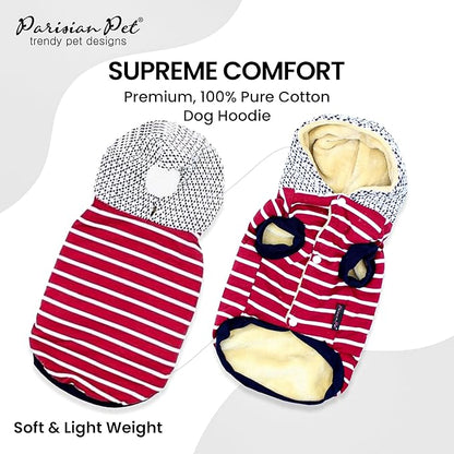Parisian Pet Basic Dog Hoodie - Lightweight Red Striped Pom Pom Sweatshirt - Pullover With Leash Hole and Pockets - Clothes for Large Dogs - L