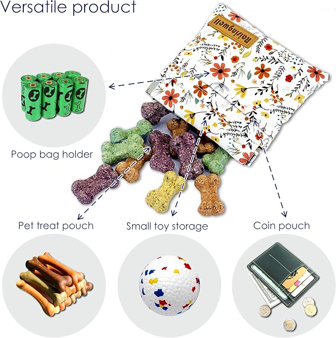 Dog Treat Pouch, Small Cotton Pocket Sized Training Holder, Hand Free Walking Funny Bag with Carabiner, Self-Closing Pet Feed Snack Reward, Behavior Aids for Puppy Travel or Outdoor Use