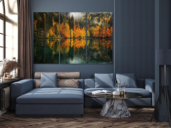 Nature Wall Art Prints - Ocean Forest Mountain Lake Canvas Landscapes - Small to Extra Large Living Room Bedroom Kitchen Bathroom Décor (Autumn by the Lake, 55L" x 83W"- 3 Panels)