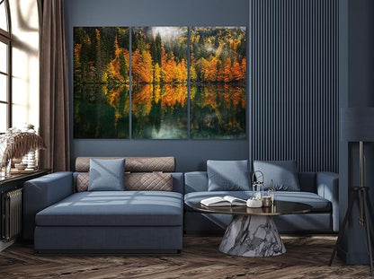 Nature Wall Art Prints - Ocean Forest Mountain Lake Canvas Landscapes - Small to Extra Large Living Room Bedroom Kitchen Bathroom Décor (Autumn by the Lake, 55L" x 83W"- 3 Panels)
