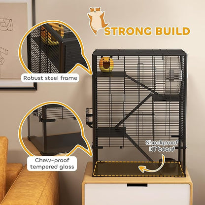 PawHut Large Hamster Cage with Deep Tempered Glass Bottom, 4 Tiers Hamster Tank with Running Wheel, Hut, Water Bottle, Dish, Rat Cage for Syrian, Dwarf, Gerbils, Mouse, 24" x 16" x 31.5", Black