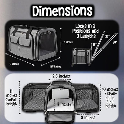 Pet Carrier with Wheels | United Delta American Frontier Airline Approved | Two Expandable Sides, Storage Pockets Adjustable Leash | Rolling Dog and Cat Carrier TSA Compliant (Grey)