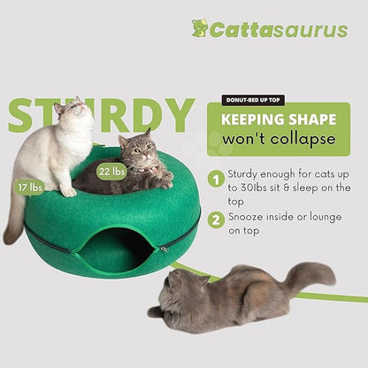 CATTASAURUS Peekaboo Cat Cave for Multiple & Large Cats Up to 30-45 Lbs, Scratch Detachable & Washable Tunnel Bed, Comfy Donut Cat Cave (Forest Green, Large)