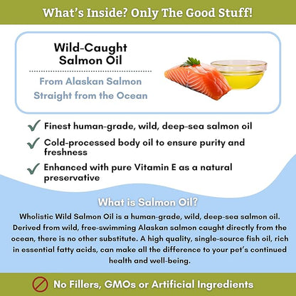 Wholistic Pet Organics Salmon Oil: Deep Sea Wild Alaskan Salmon Oil for Dogs - Omega 3 Dog Fish Oil with EPA and DHA for Skin, Coat, Heart and Nervous System Health - 4 Oz