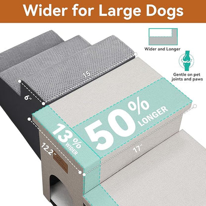 Dog Stairs with Condo 18" H, 3-Step Wider Dog Steps for High Beds Couch, Folding Storage Pet Stairs Gift for Small/Medium/Large Old Dogs Cats, Ramp for Climbing Car Up to 200 lbs, Beige