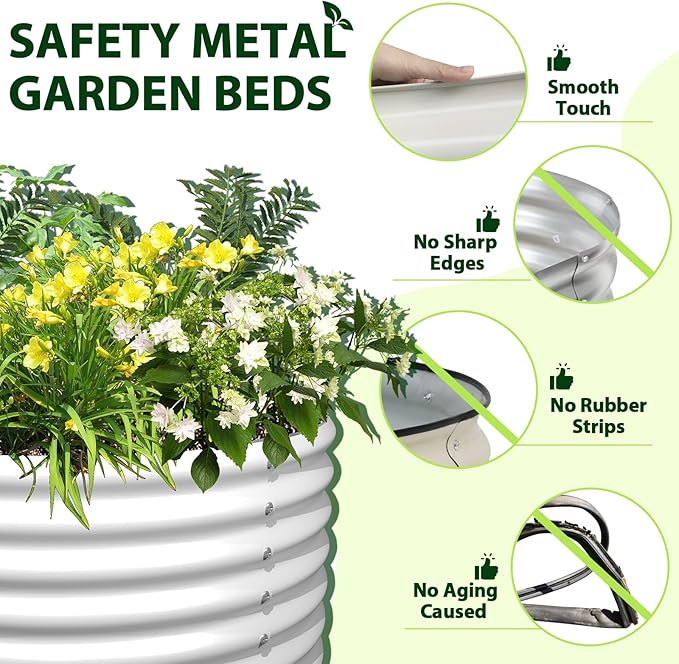 A ANLEOLIFE 12X3X1.5 ft Galvanized Raised Garden Beds Outdoor, Oval Extra Large Metal Planter Box for Planting Vegetables Flowers Herb, Anti-Rust & Easy-Setup, Antique White