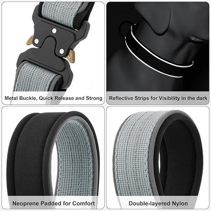 Plutus Pet Tactical Dog Collar, Reflective, Adjustable Heavy Duty Dog Collar, Soft Padded and Comfortable, for Small Medium and Large Dogs (Gray, L)