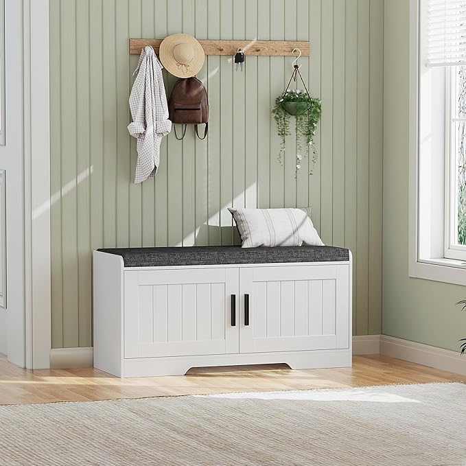 2-Tier Storage Bench, Shoe Bench with Thickened Padded Seat Cushion, Entryway Bench with 2 Doors, Adjustable Shelf, 13.8" D x 37.4" W x 18.5" H, for Entryway, Living Room, Bedroom, White