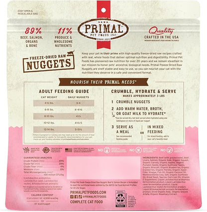 Primal Freeze Dried Raw Cat Food Nuggets Beef & Salmon, Complete & Balanced Meal or Topper, Premium, Healthy, Grain Free, High Protein Raw Cat Food with Probiotics (14 oz)