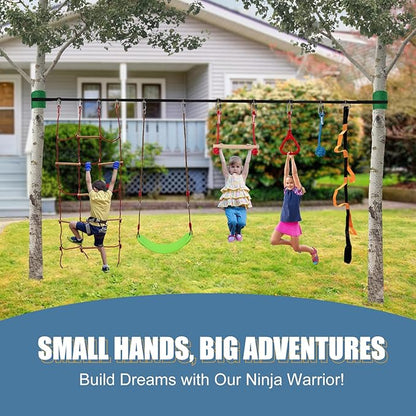Slsy 60FT Ninja Warrior Obstacle Course (13 Obstacles), Ninja Slackline Kit for Kids, Durable Playset Equipment with 13 Most Complete Set-Monkey Bar,Swing, Balance Belt, Climbing Ladder & Net