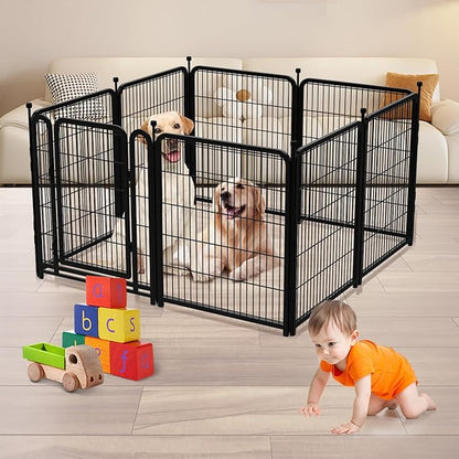 Dog Playpen 48 inch(H) 4 Panels Dog Fence Outdoor for Yard. Metal Dog Pen Heavy Duty Pet Puppy Exercise Pen for Rv Camping Garden Yard, Wide Door Low Threshold Dog Fence Total 8.9 Ft(L)