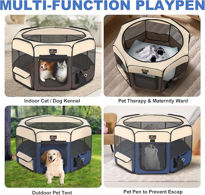 Aivituvin Dog Playpen, Foldable Pet Play Pens with Carrying Bag for Cat, Puppies, Rabbits, Portable Dog Tent Crates Cage for Travel Camping Indoor Outdoor, Removable Shade Cover, Blue L