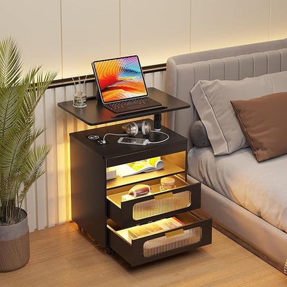 HNEBC Nightstand with Wireless Charging Station, LED Nightstand Has Adjustable Rotary Workstation,Smart Night Stand with 2 Drawers,Modern Bedside Table for Bedroom, Sensor Light/Wheel (Black)
