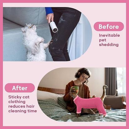 PUMYPOREITY Cat Recovery Suit, Stops Wound Licking After Surgery, Sticky Hair Shirt with Sticky Fabric, Cat Pajamas Prevents Over-Grooming, Pink, S